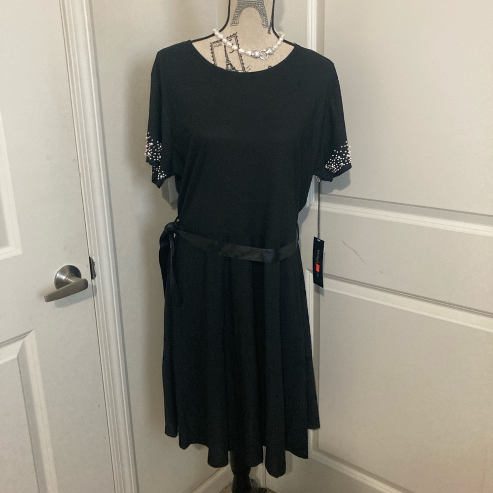 Black Midi Dress with Satin Waist Tie and Pearl Silver Bead Embellished Sleeves